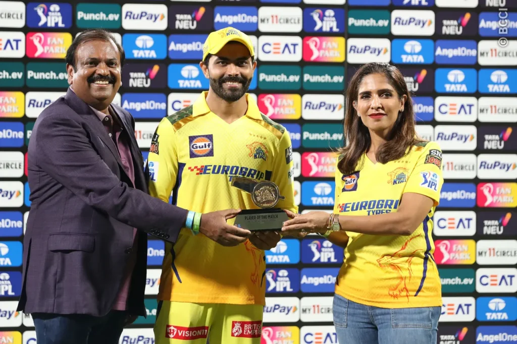 CSK vs KKR - 8 April 2024. Ravindra Jadeja's exceptional bowling earning him the 'Man of the Match' title.