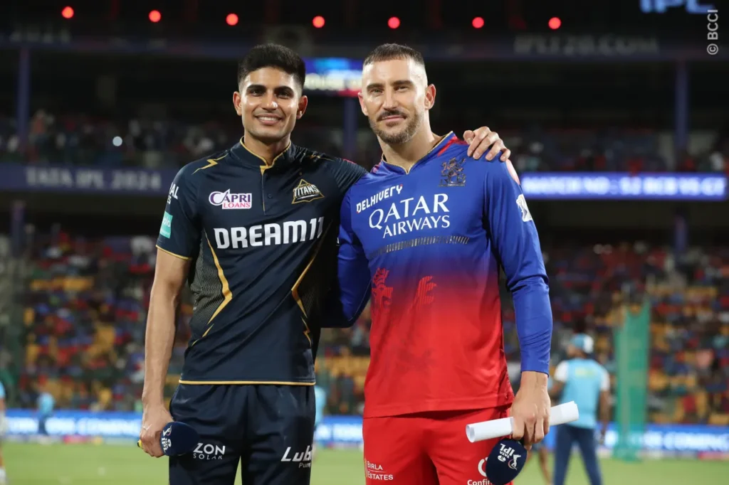 RCB vs GT - 4 May 2024 -  Shubman Gill and Faf Du Plessis at Toss moment.